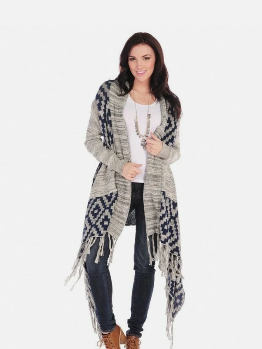 Vintage Havana Fringed Open Front Aztec Cardigan Sweater in Gray and Navy